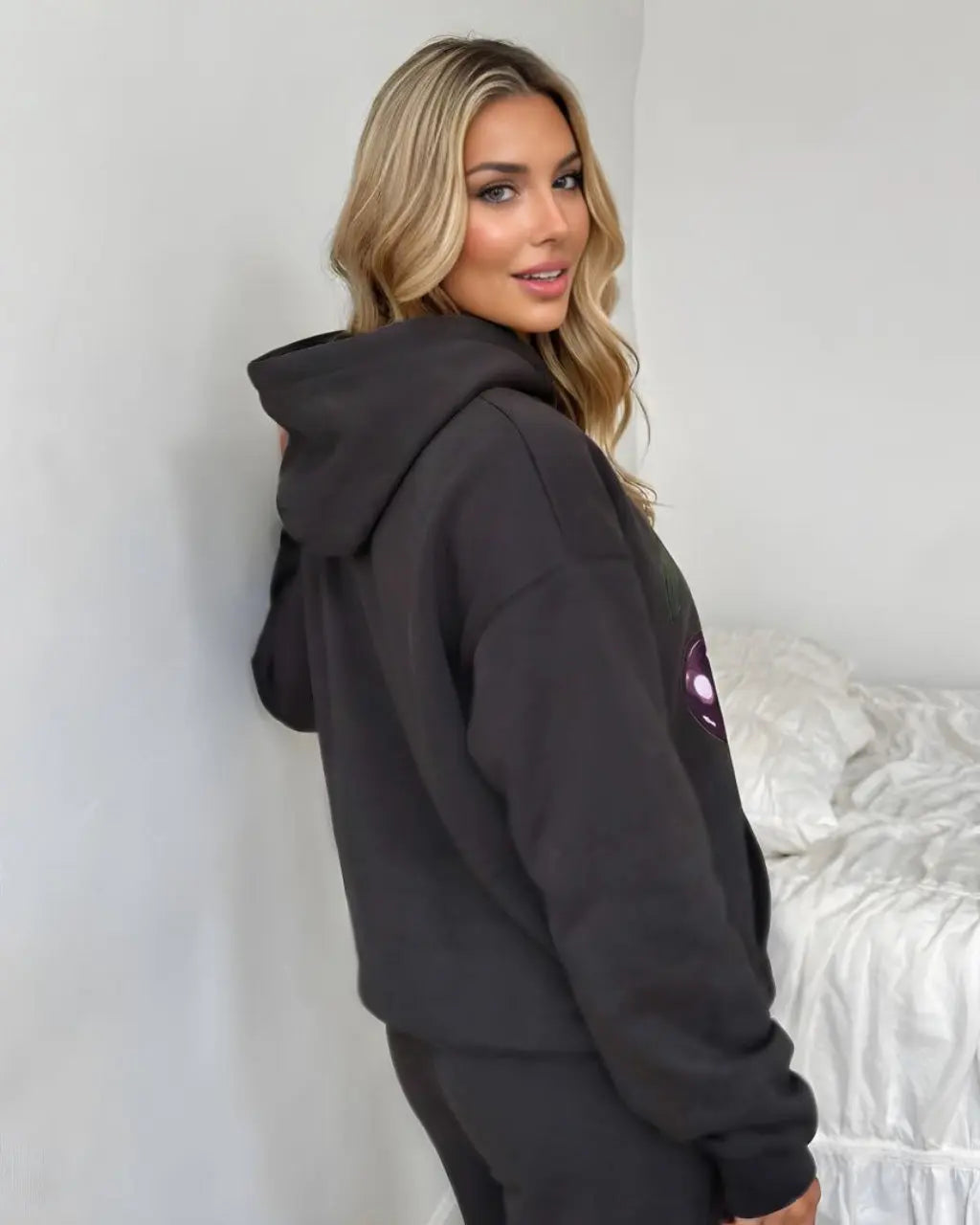 Dark Gray Cherry Patterned Casual Hoodie Pants Set SOLACE