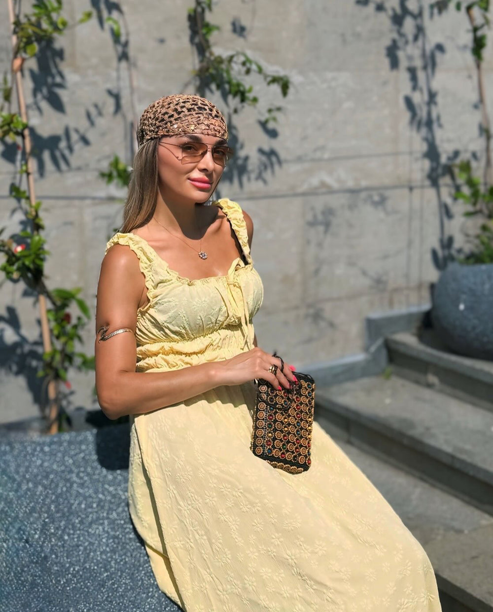 SOLACEYellow Textured Ruffle Strap Maxi Dress