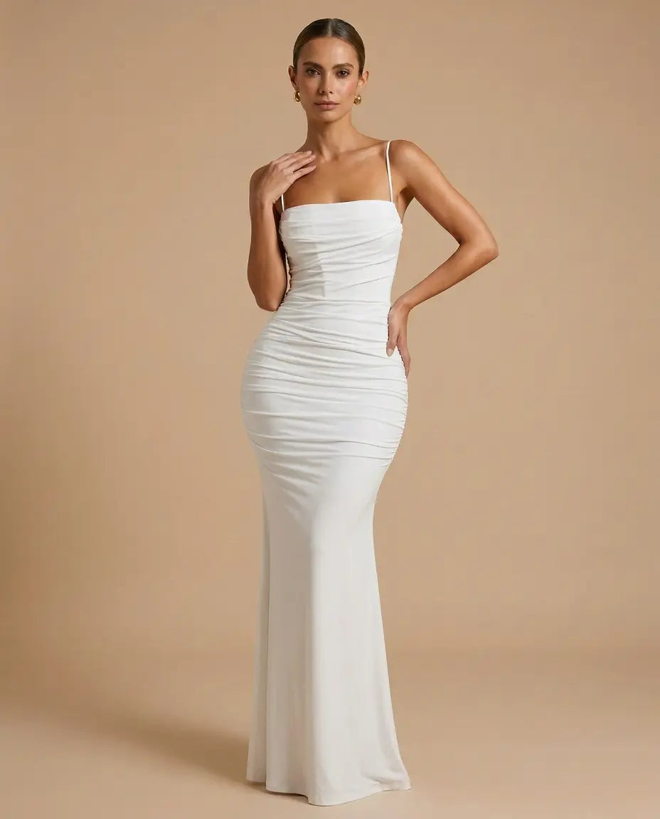SOLACE  White Spaghetti Strap Ruched Backless Mermaid Maxi Dress 