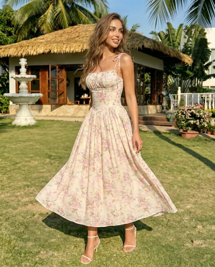 SOLACE  Pink Floral Print Tie Strap Corset Midi Dress 