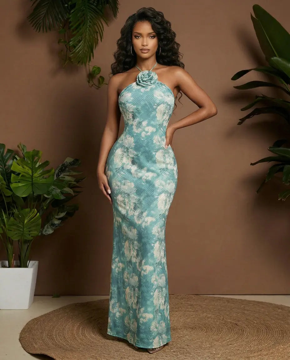 SOLACE  Dye Print Halter Neck 3D Flower Tie Mermaid Maxi Dress 
