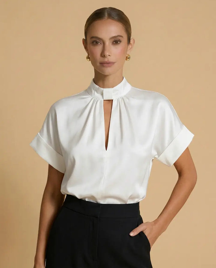 SOLACE  White Keyhole Mock Neck Short Sleeve Satin Blouse 