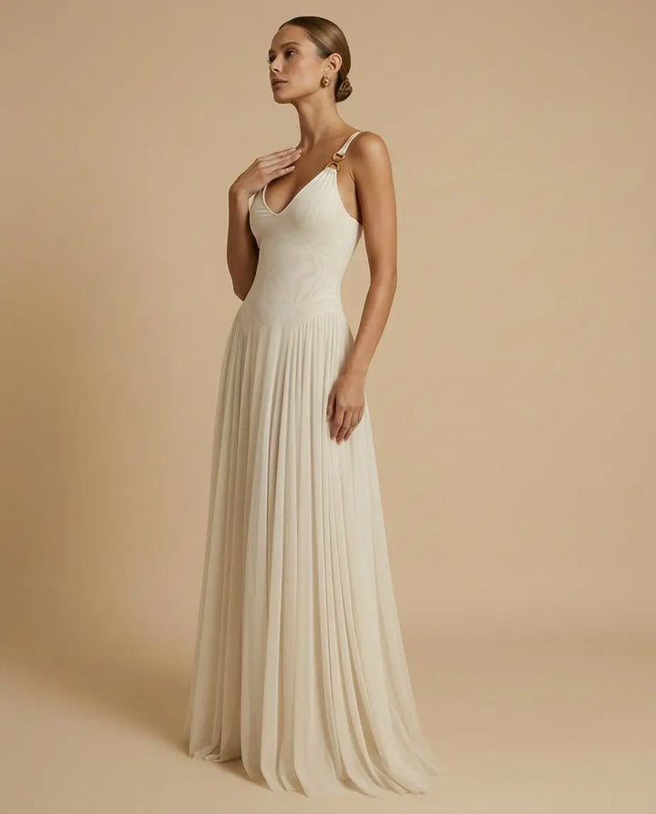 SOLACE  White V-Neck Gold Hardware Backless Pleated Maxi Dress 