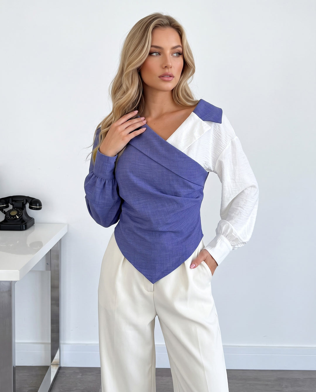 SOLACEColor Block Asymmetric Hem Puff Long Sleeve Top