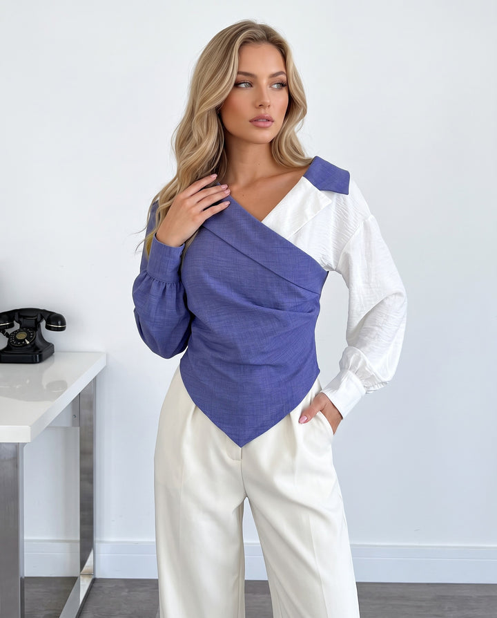 SOLACEColor Block Asymmetric Hem Puff Long Sleeve Top