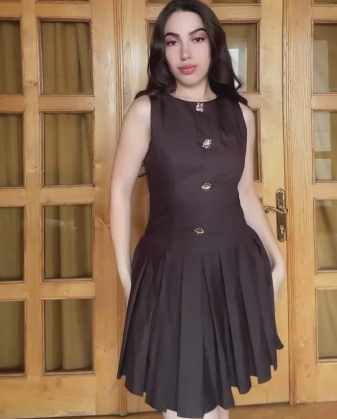 Black Sleeveless Crew Neck Gold Bow Details Mini Dress
