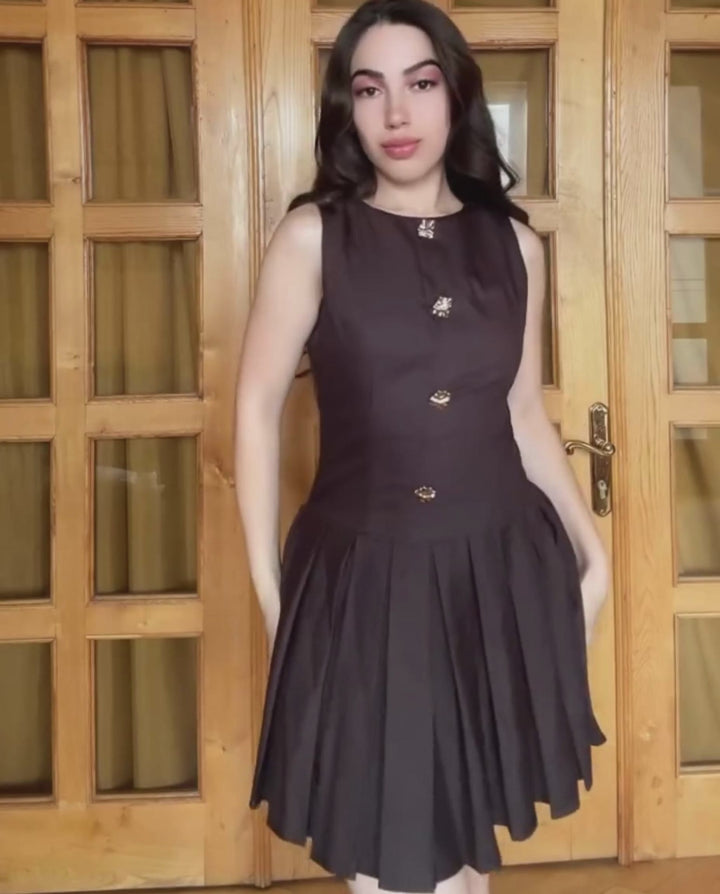 Black Sleeveless Crew Neck Gold Bow Details Mini Dress