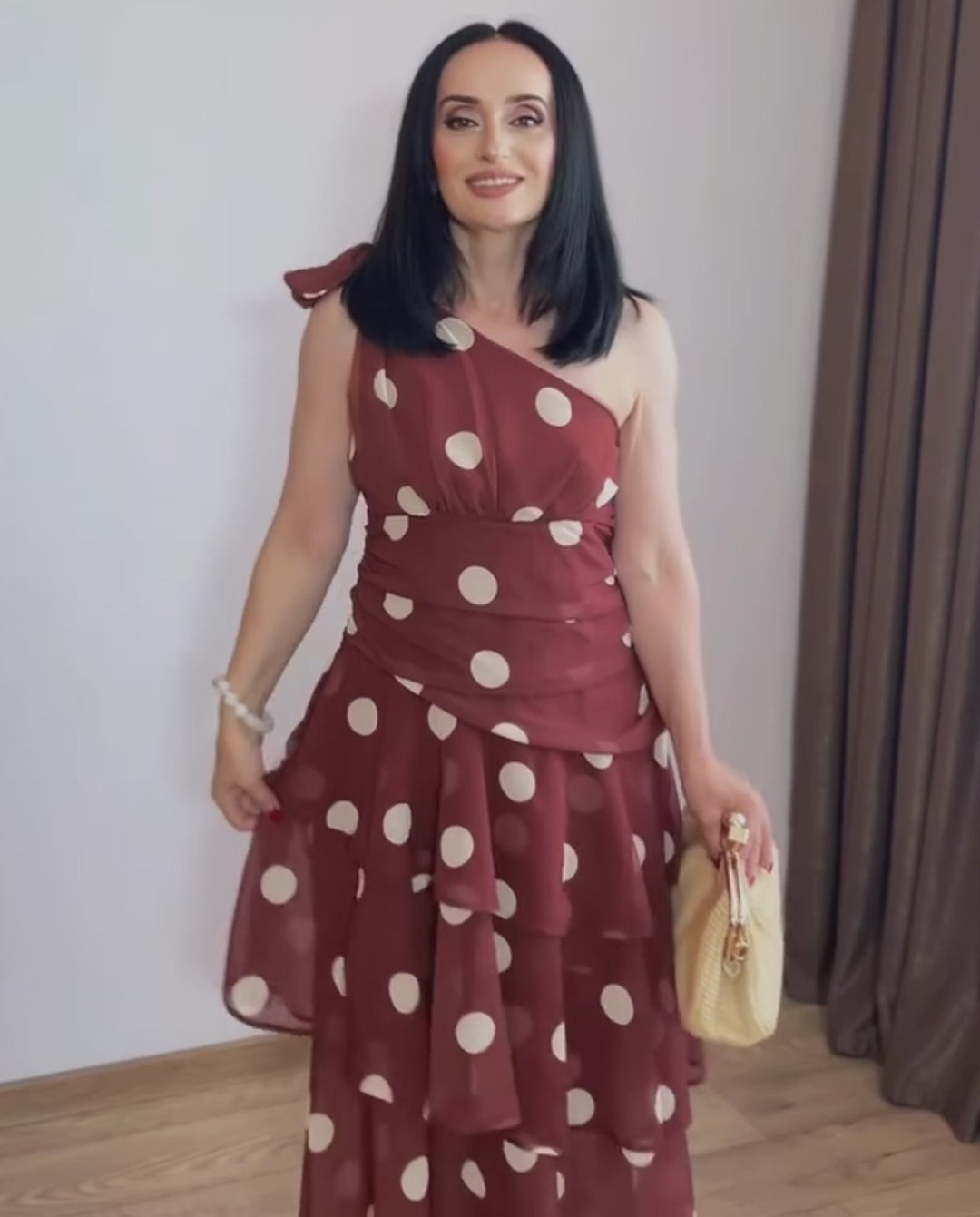 Brown Polka Dot One Shoulder Tiered Chiffon Midi Dress