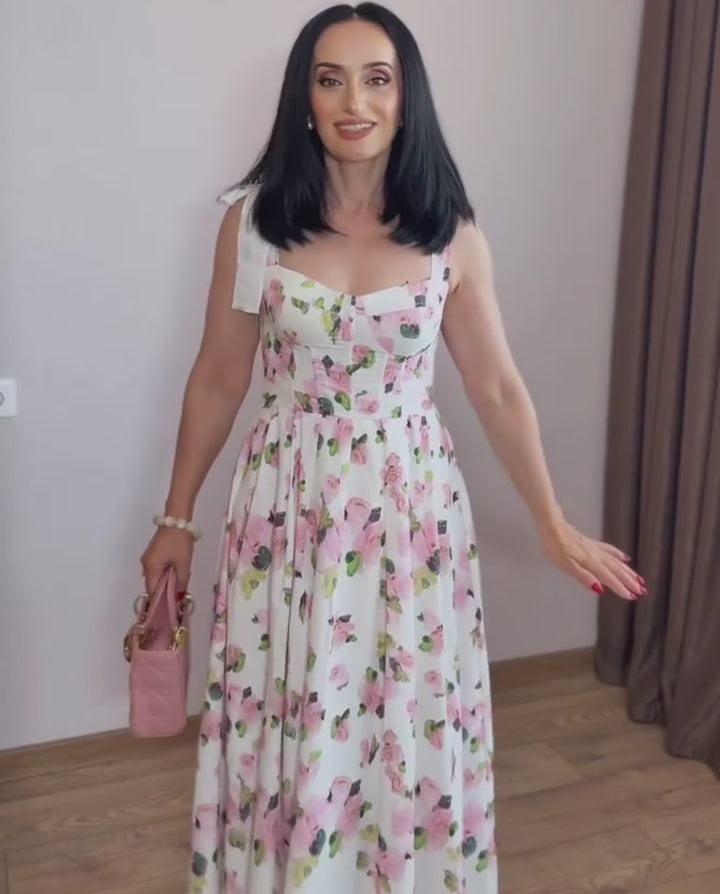 White Floral Print Off Shoulder Chiffon Midi Dress
