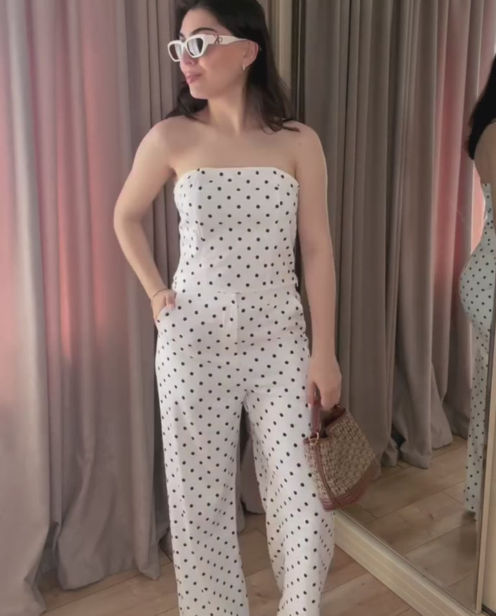 White Polka Dot Strapless Crop Top &amp; High-Waisted Wide Leg Trousers Set