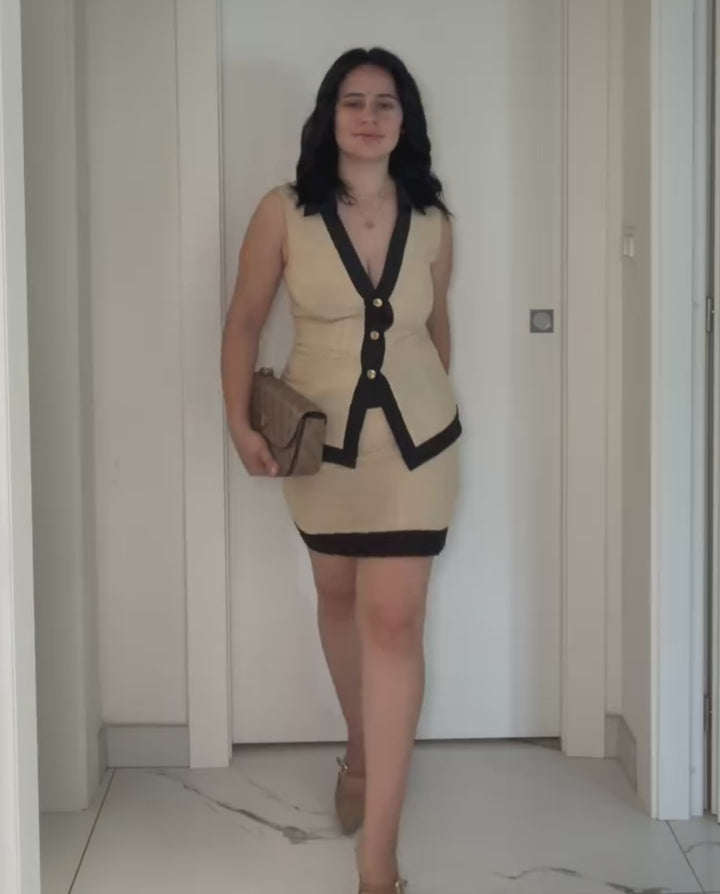 Beige Black Contrast Trim Linen Blend Vest Mini Skirt Set