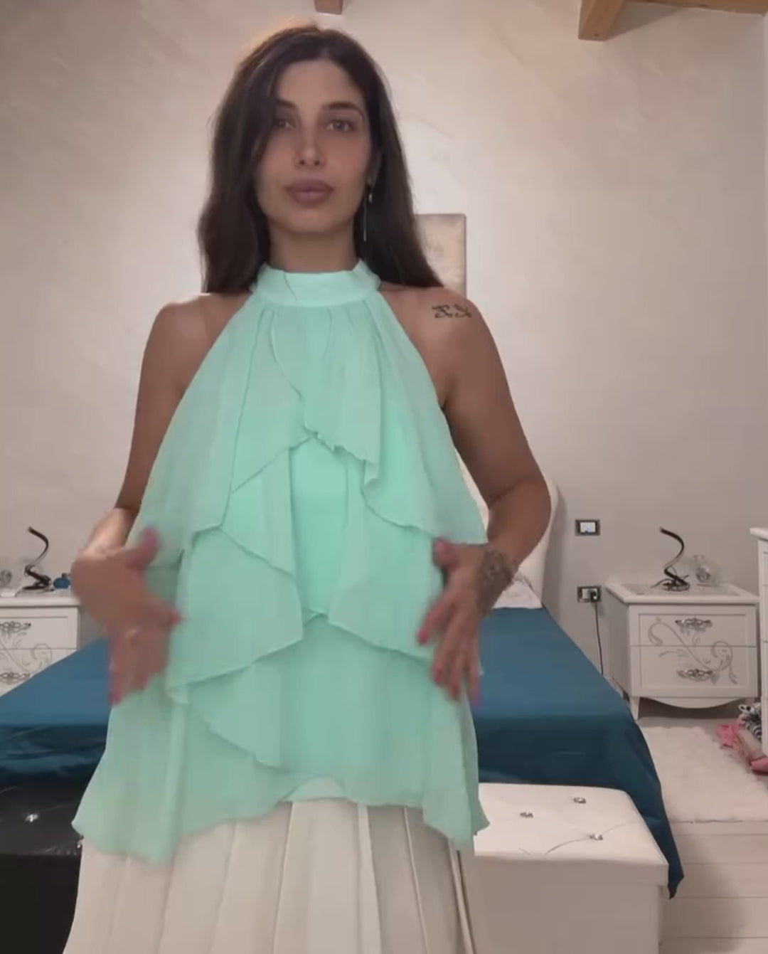 Mint Green Halter High Neck Tiered Ruffle Chiffon Top