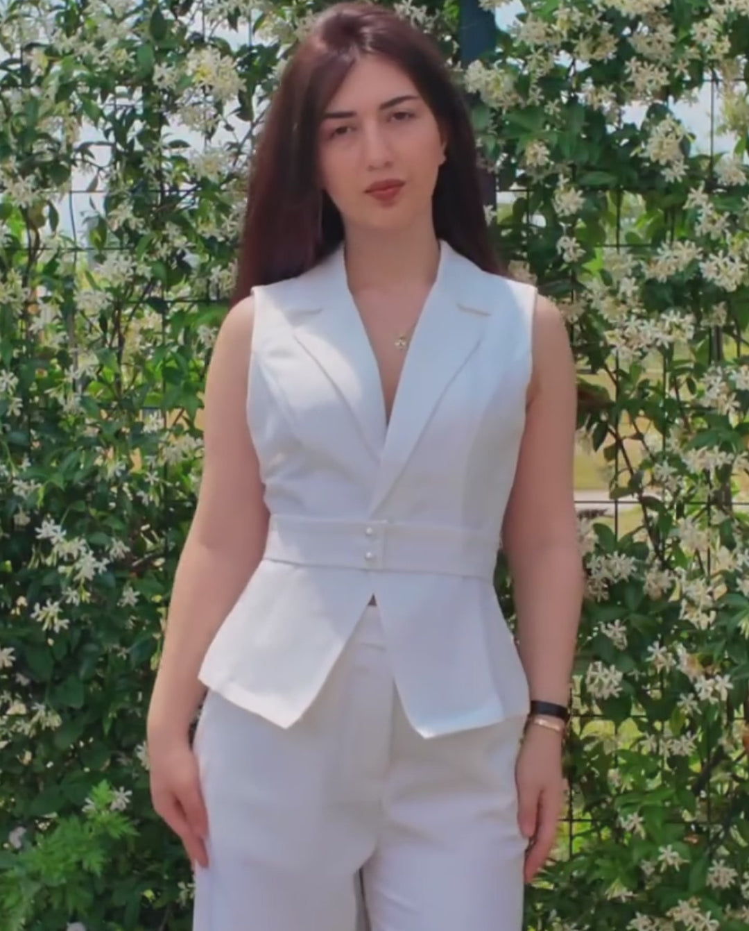 White Tailored Peplum Blazer Vest And Wide Leg Pants Suit