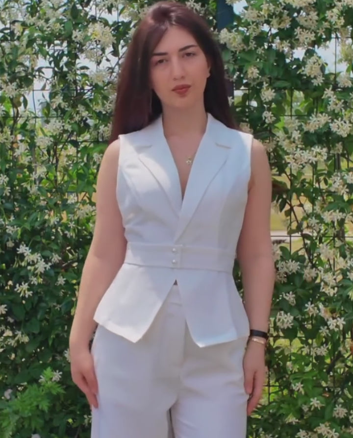 White Tailored Peplum Blazer Vest And Wide Leg Pants Suit