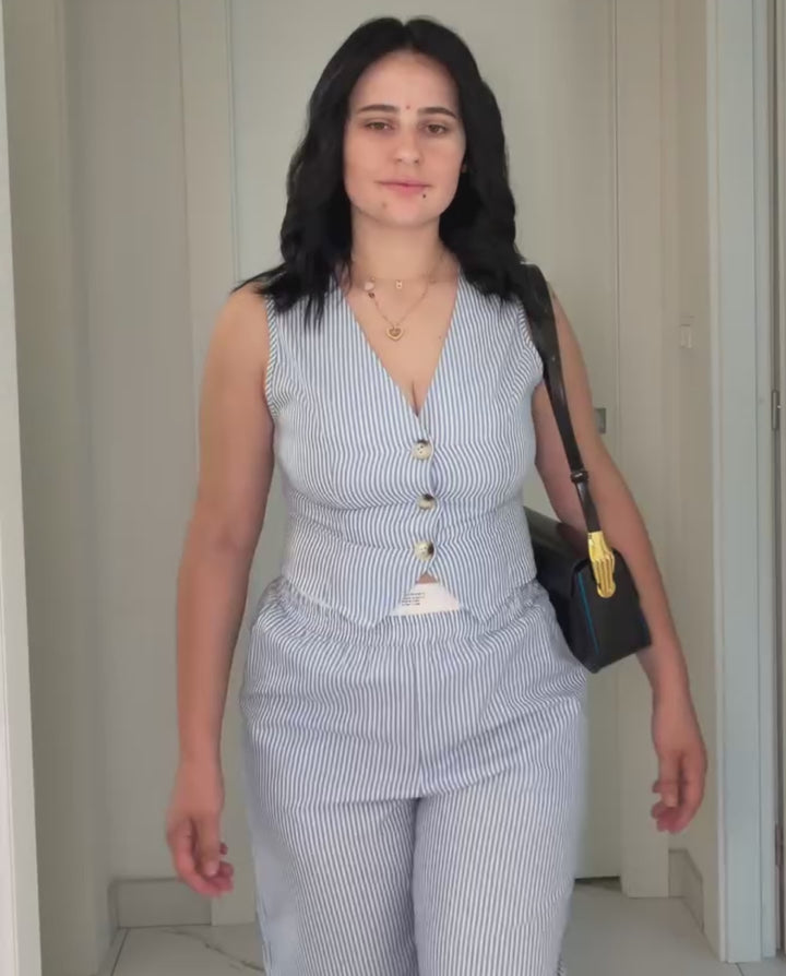 Striped V-Neck Buttoned Crop Vest High Waist Wide Leg Pants Set