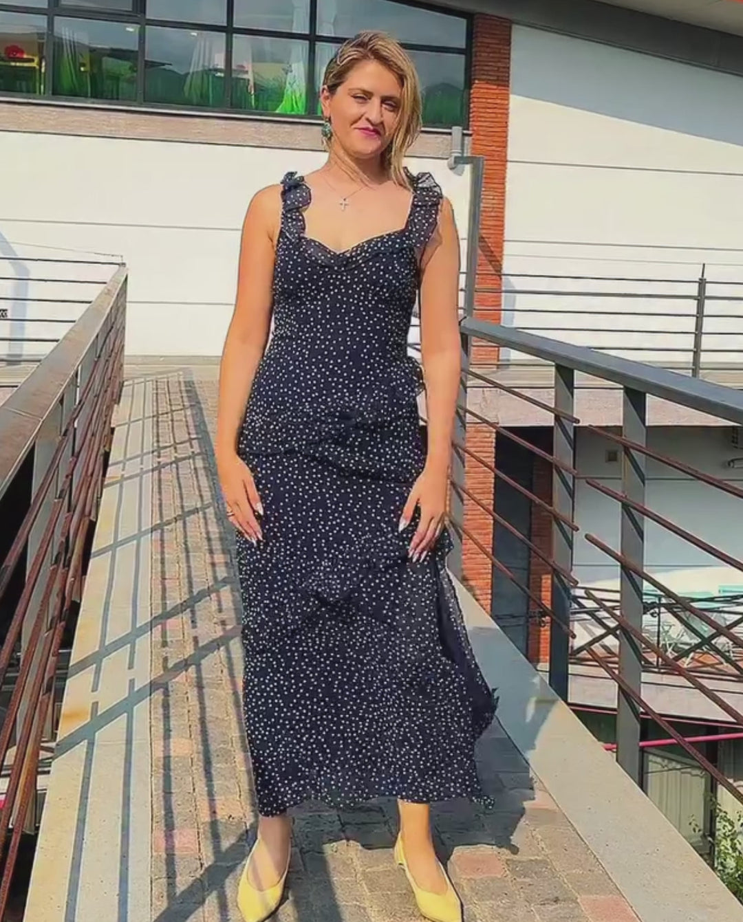 Blue Polka Dot Ruffle Strap High Slit Maxi Dress