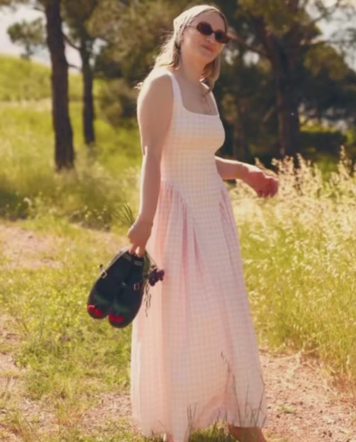 Pink Sweet Gingham Print Square Neck Stretchy Midi Daily Casual Dress