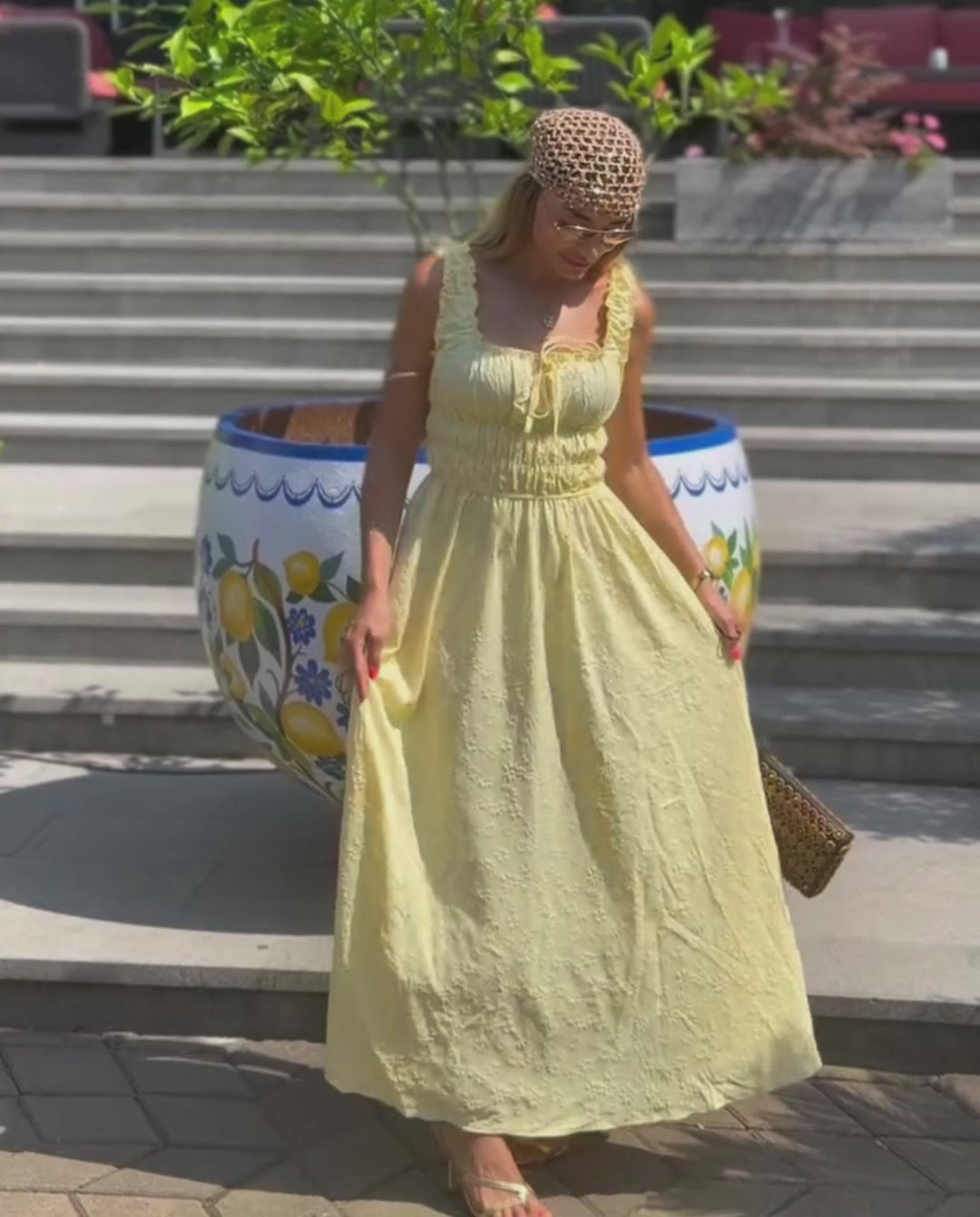 Yellow Textured Ruffle Strap Maxi Dress