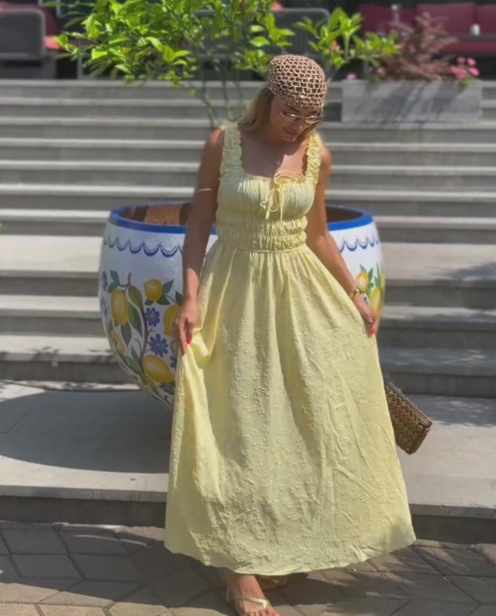 Yellow Textured Ruffle Strap Maxi Dress