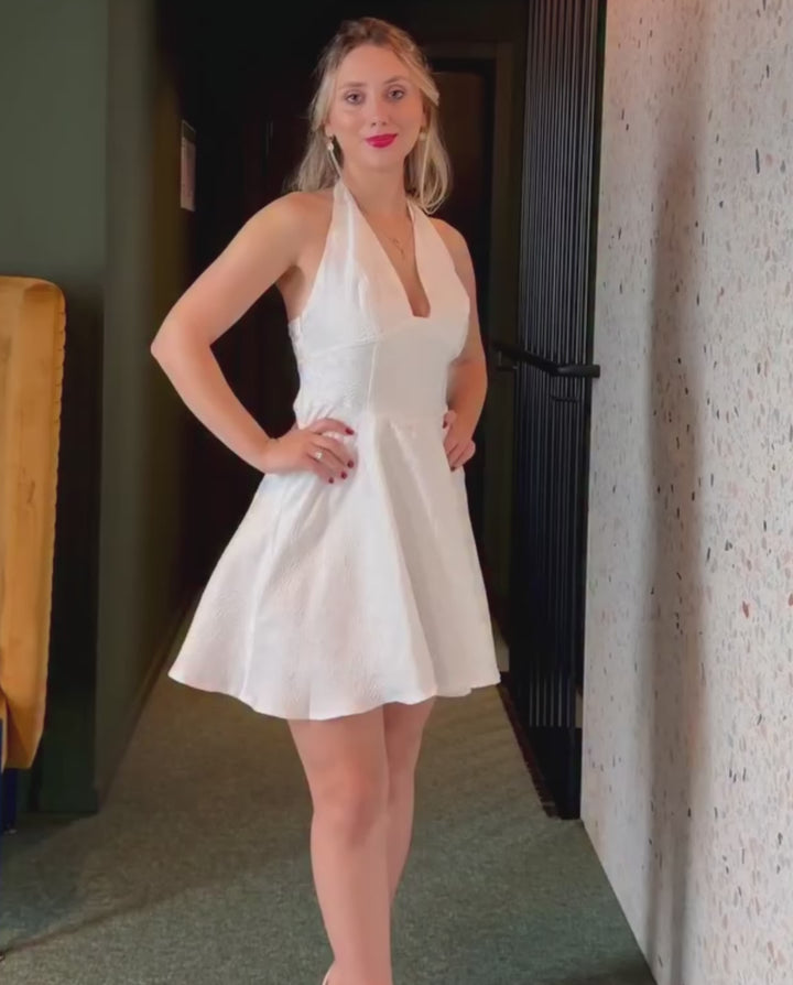 White Halter Deep V Jacquard Corset Fit Flare Mini Dress