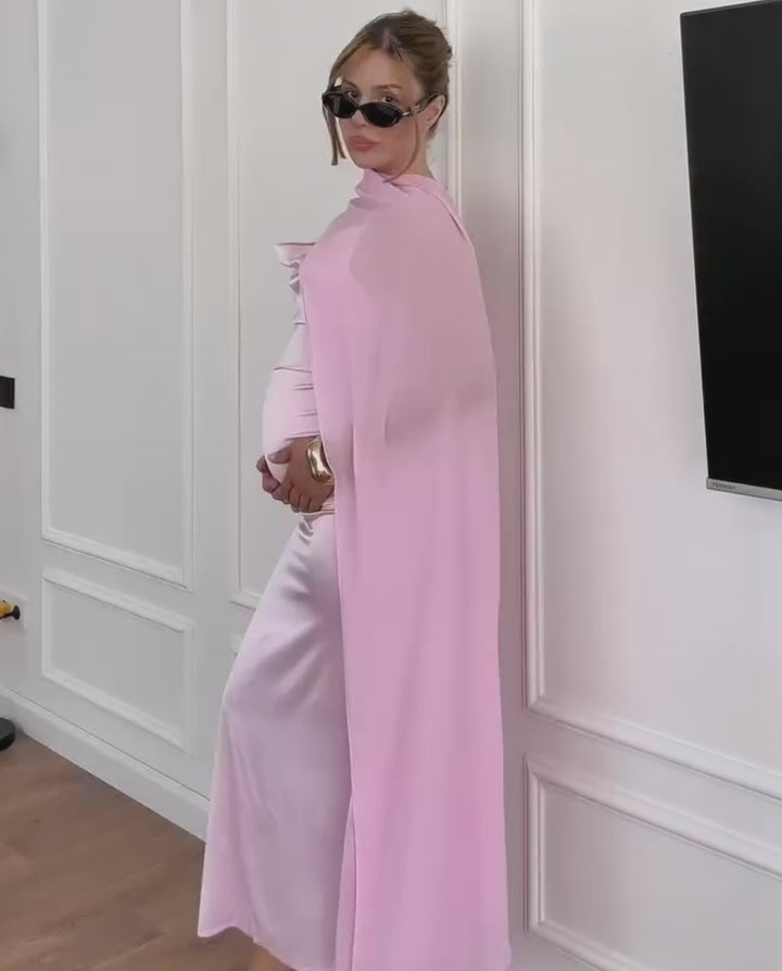 Pink Satin Cowl Neck with Chiffon Cape Overlay Maxi Dress