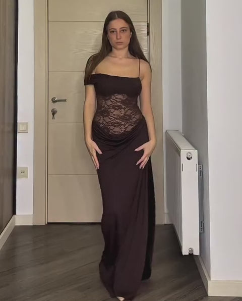One Shoulder Lace Sheer Drape Maxi Dress