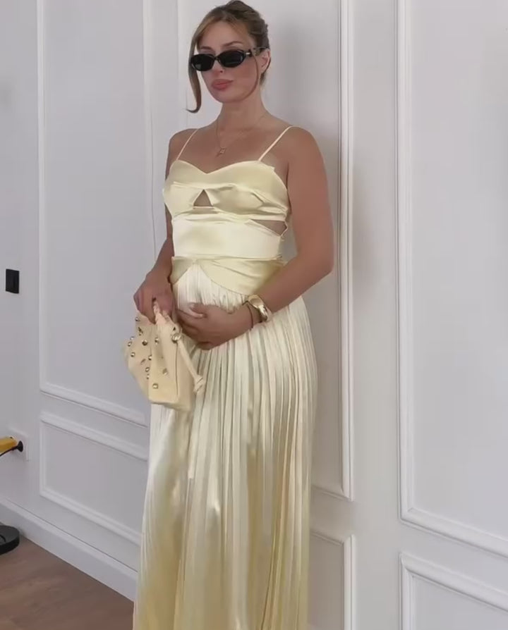Pale Yellow Elegant Cutout Pleated Satin Maxi Cami Dress