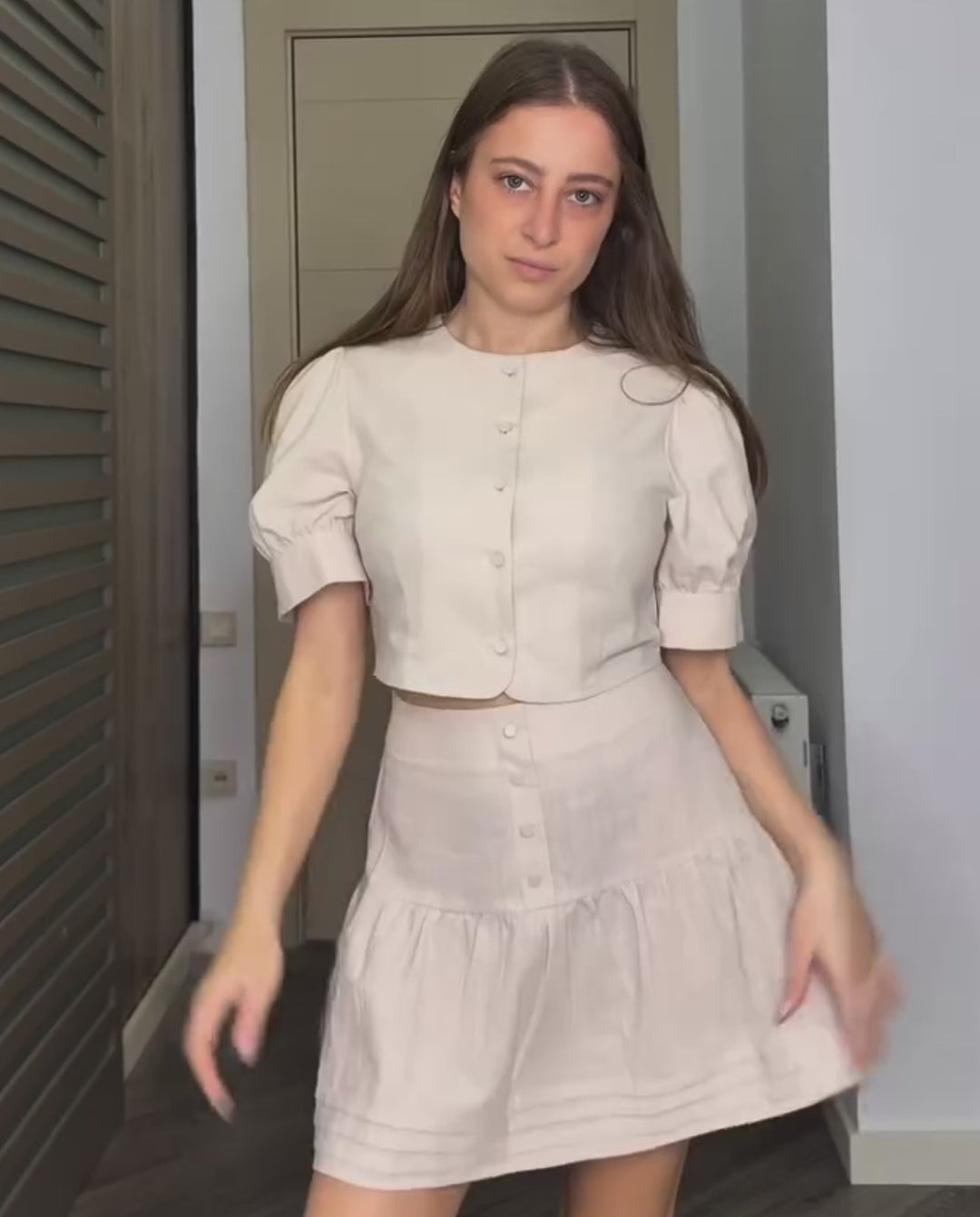 Beige Button Up Linen Puff Sleeve Slim Fit Cropped Top Mini Skirt Two Piece Set