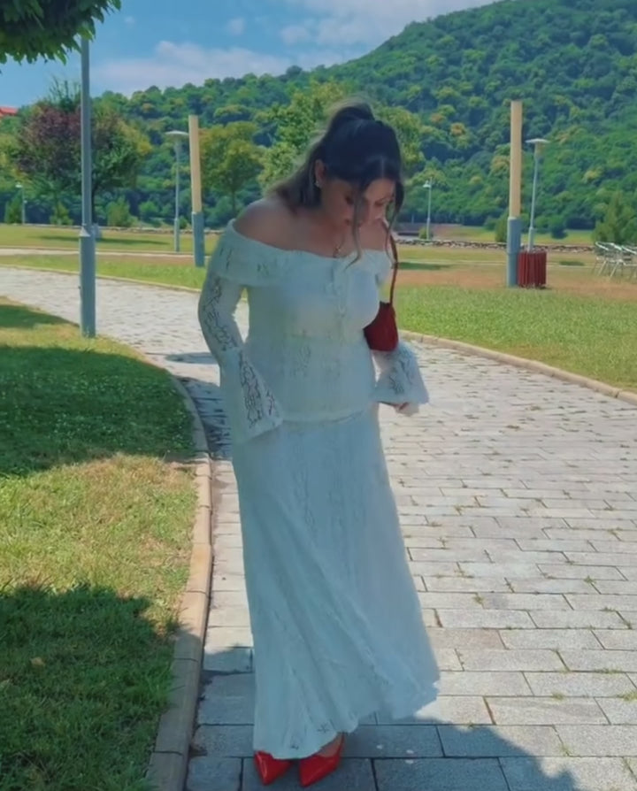 Off-The-Shoulder Lace Bell Sleeve Bodycon Maxi Dress
