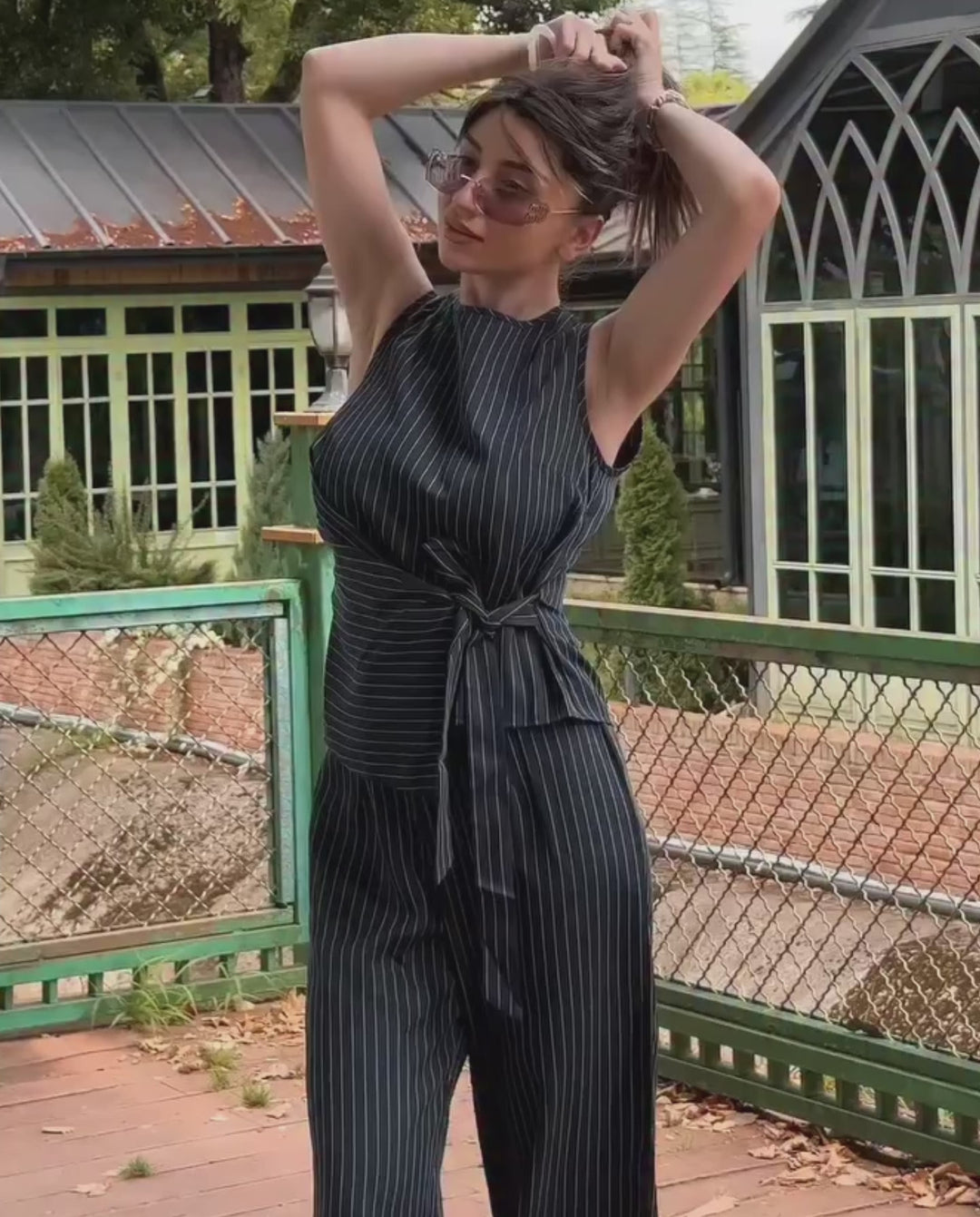 Navy Pinstripe Sleeveless Wrap Top Wide Leg Pants Set