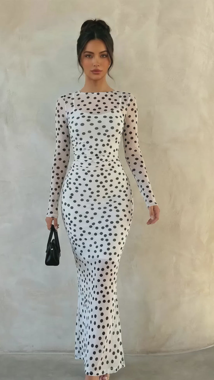 Sheer Mesh Polka Dot Bodycon Maxi Dress