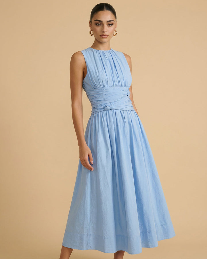 SOLACE  Sky Blue Pleated Bodice Cotton Blend Fitted Waist Midi Dress 